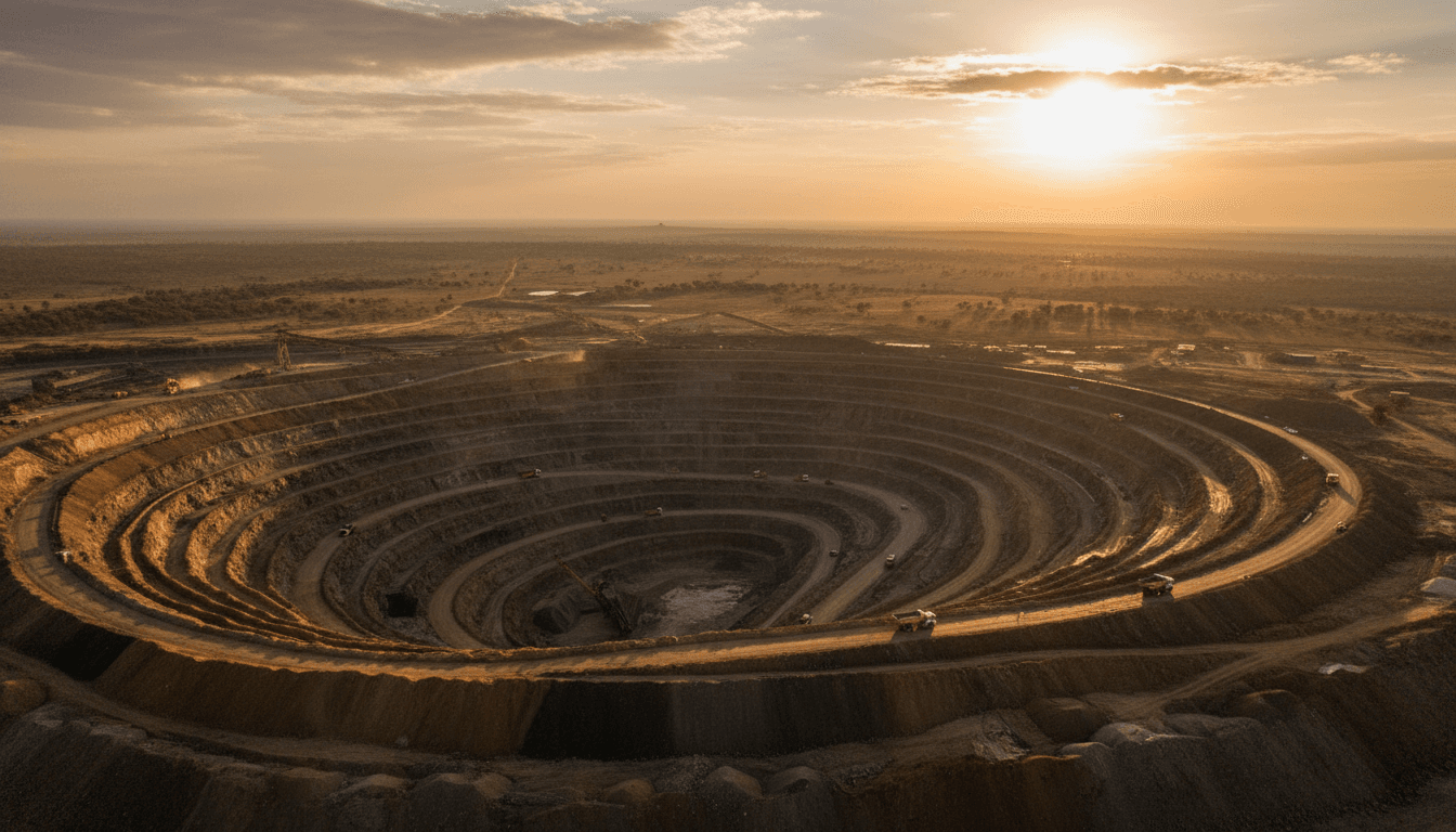 Gold mining operation showing terraced excavation and industrial infrastructure