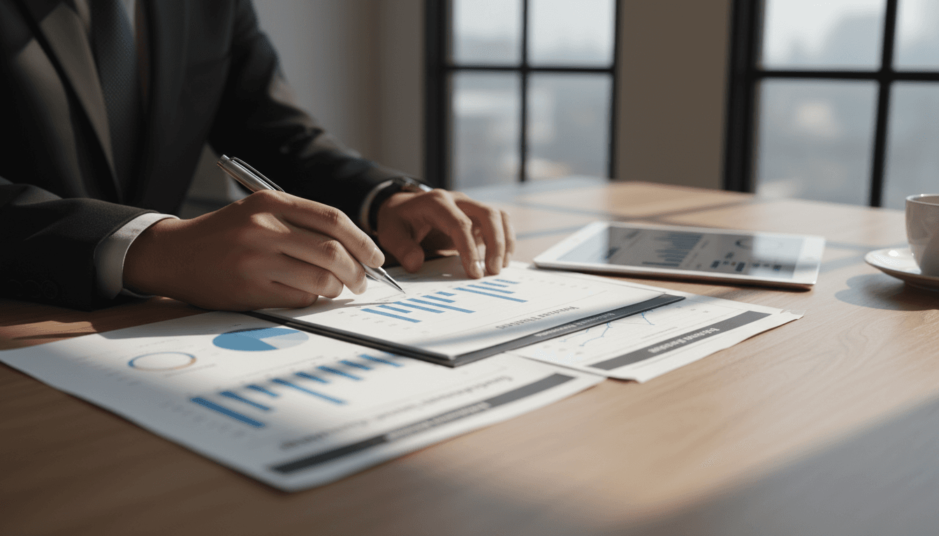 Professional reviewing investment portfolios and financial documents
