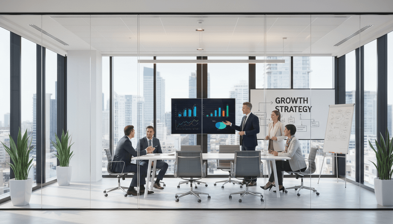 Modern conference room with financial documents and city view