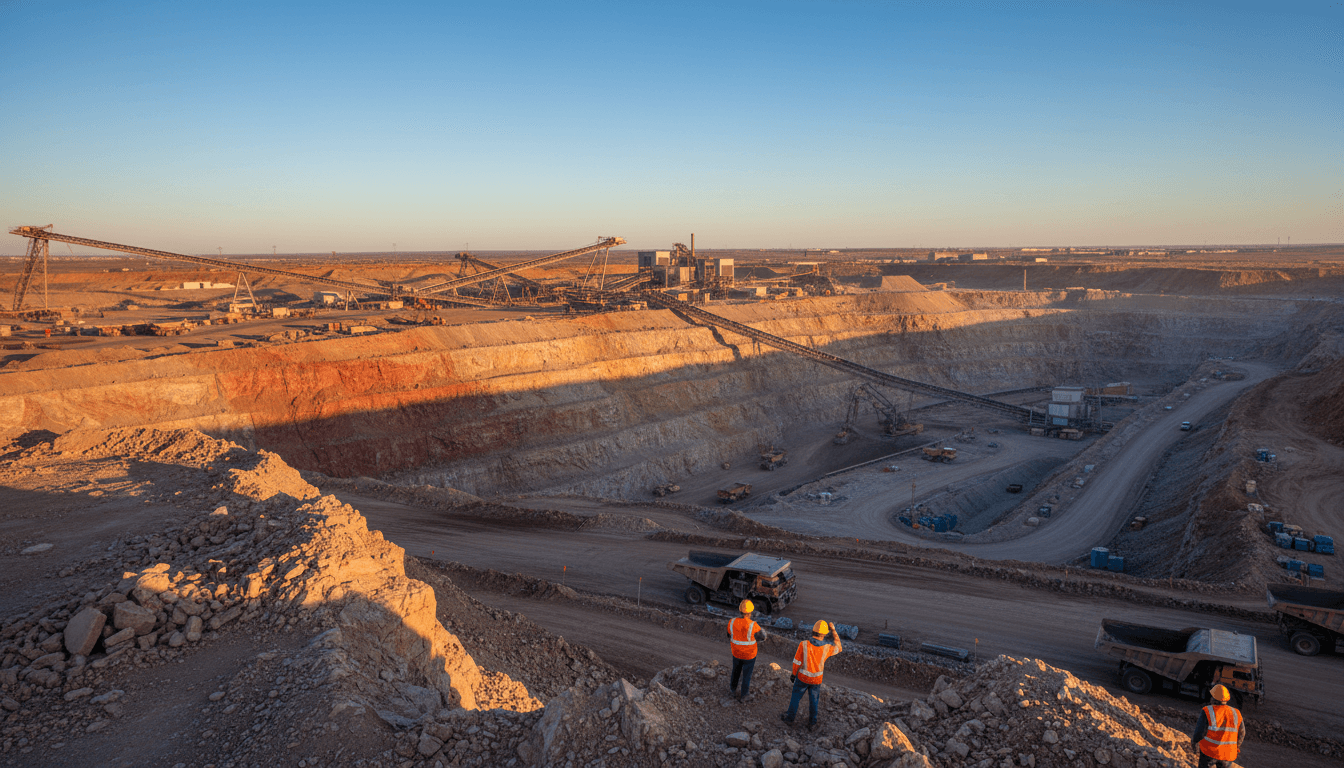 Gold mining operation with active excavation equipment in open pit