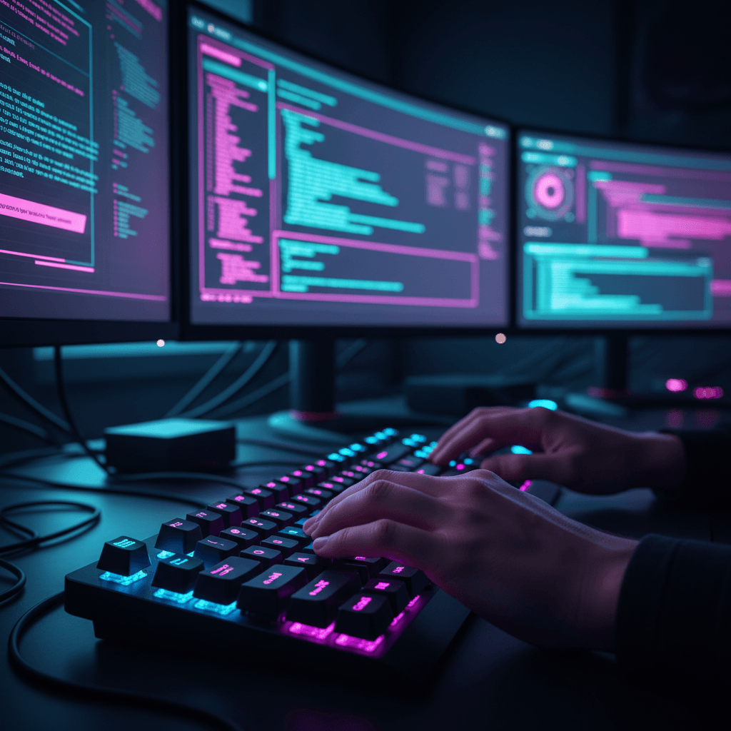 Developer working on AI solutions with code visible on multiple monitors